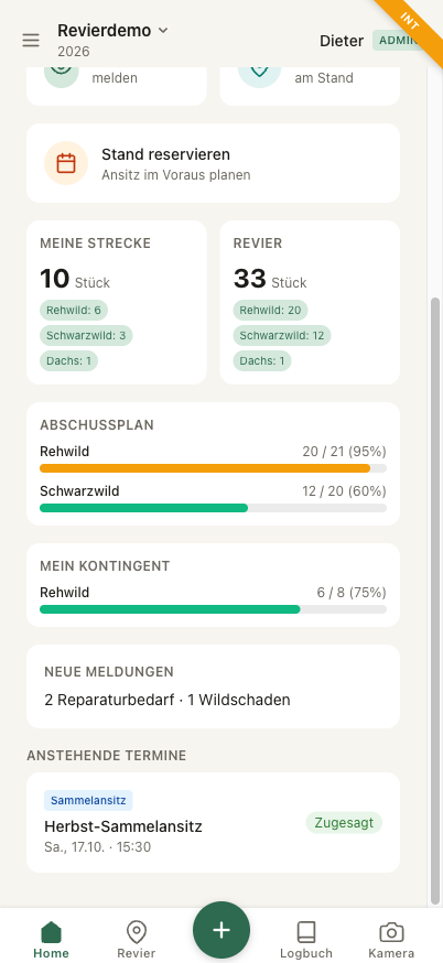 Dashboard mit Abschussplan-Fortschritt und dem eigenen Kontingent