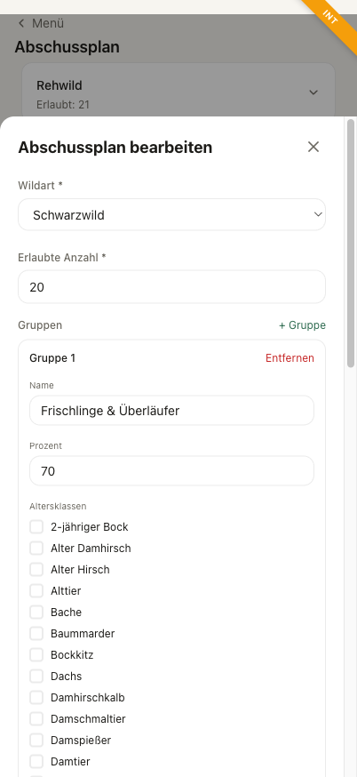 Formular zum Anlegen einer Gruppe mit Name, Prozent und Altersklassen