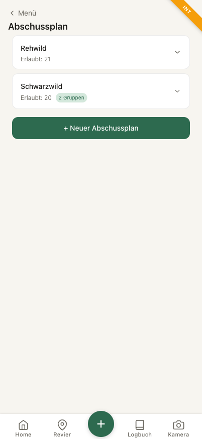 Abschussplan-Übersicht mit je einem Plan für Rehwild und Schwarzwild