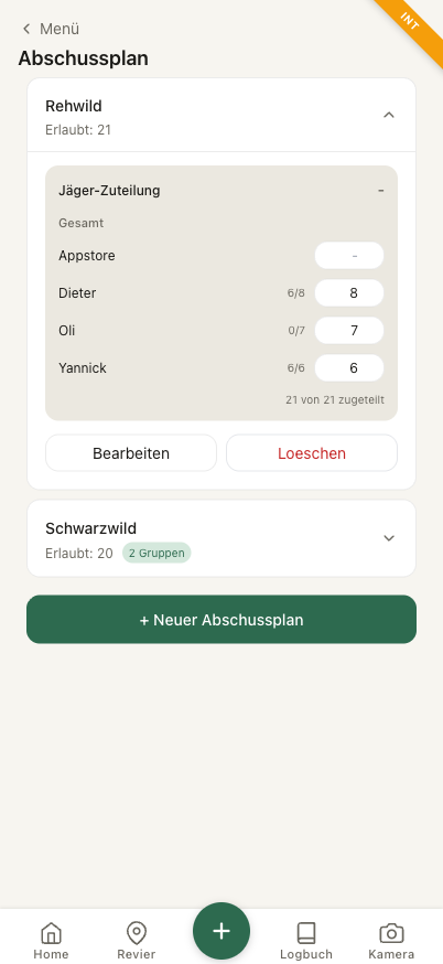 Jäger-Zuteilung mit Stückzahlen je Jäger und Summenzeile