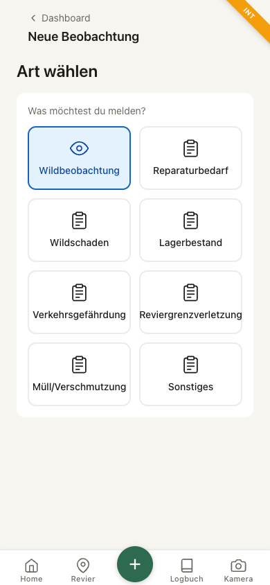 Beobachtung erfassen — Typ und Wildart wählen