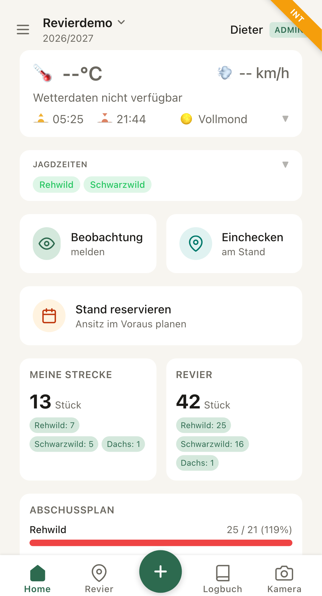 Dashboard mit dem Einchecken-Button