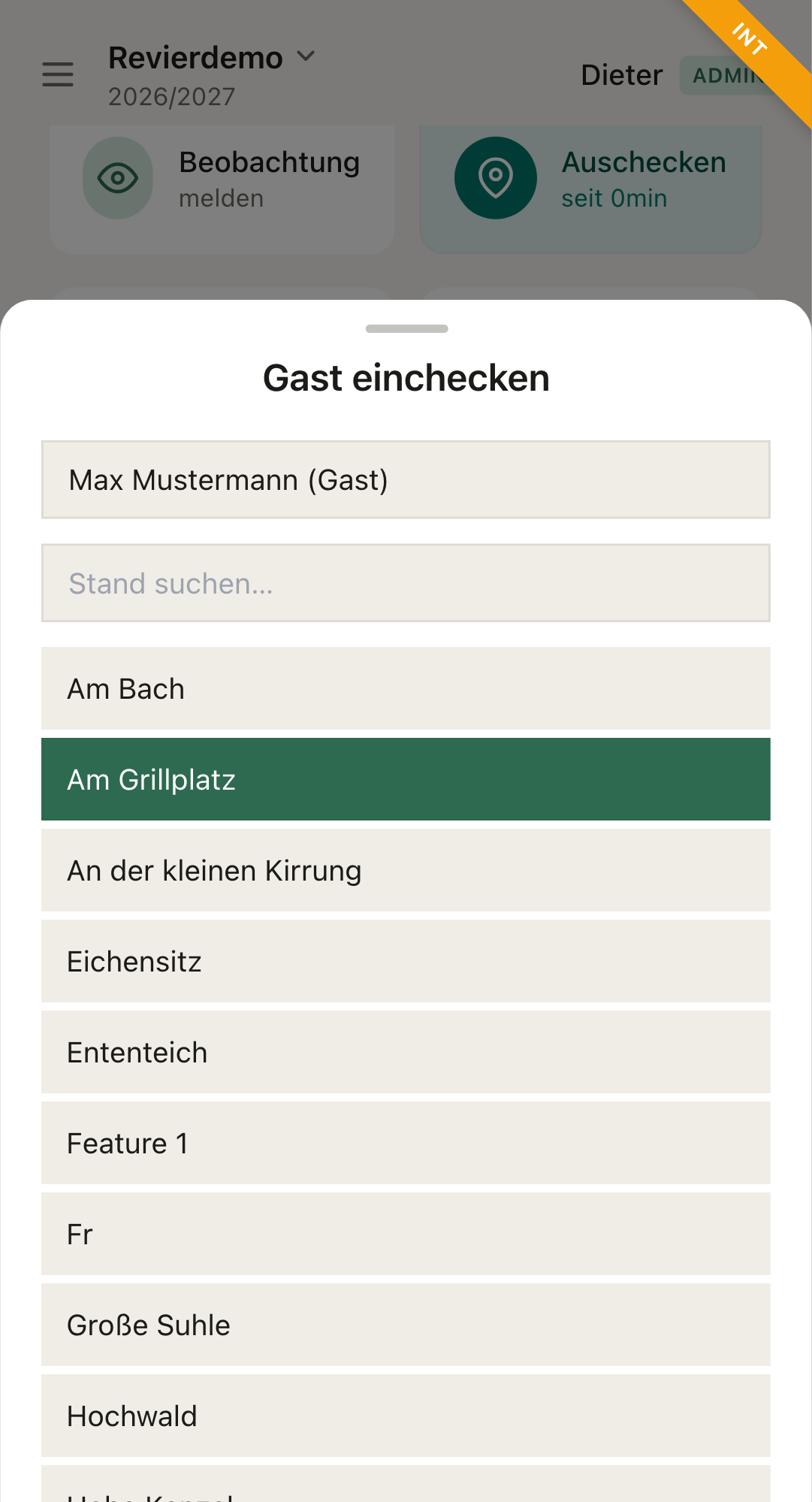 Gast einchecken: Name und Stand