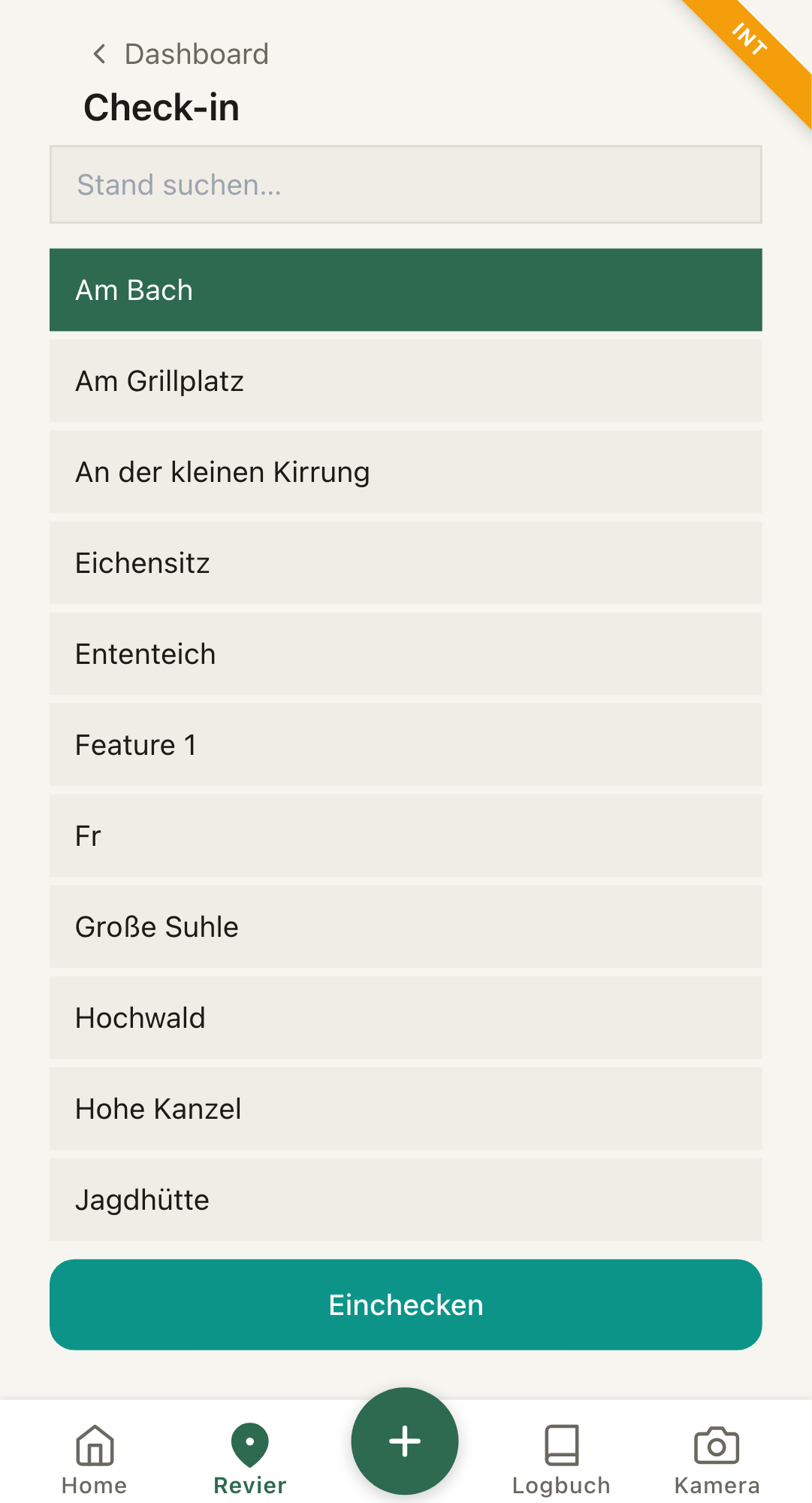 Check-in: Reviereinrichtung auswählen