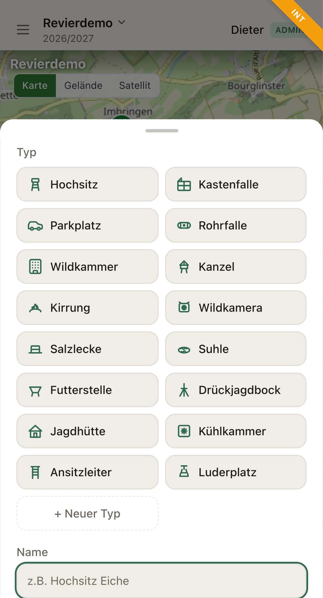Neue Einrichtung: Typ und Name wählen