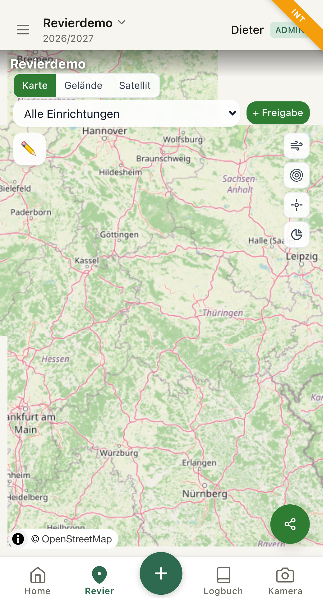Revierkarte mit Wind-Overlay und Reviereinrichtungen