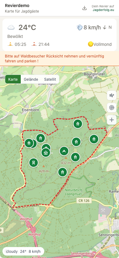 Geteilte Revierkarte aus Sicht der Gäste: Titel, Hinweis und freigegebene Einrichtungen
