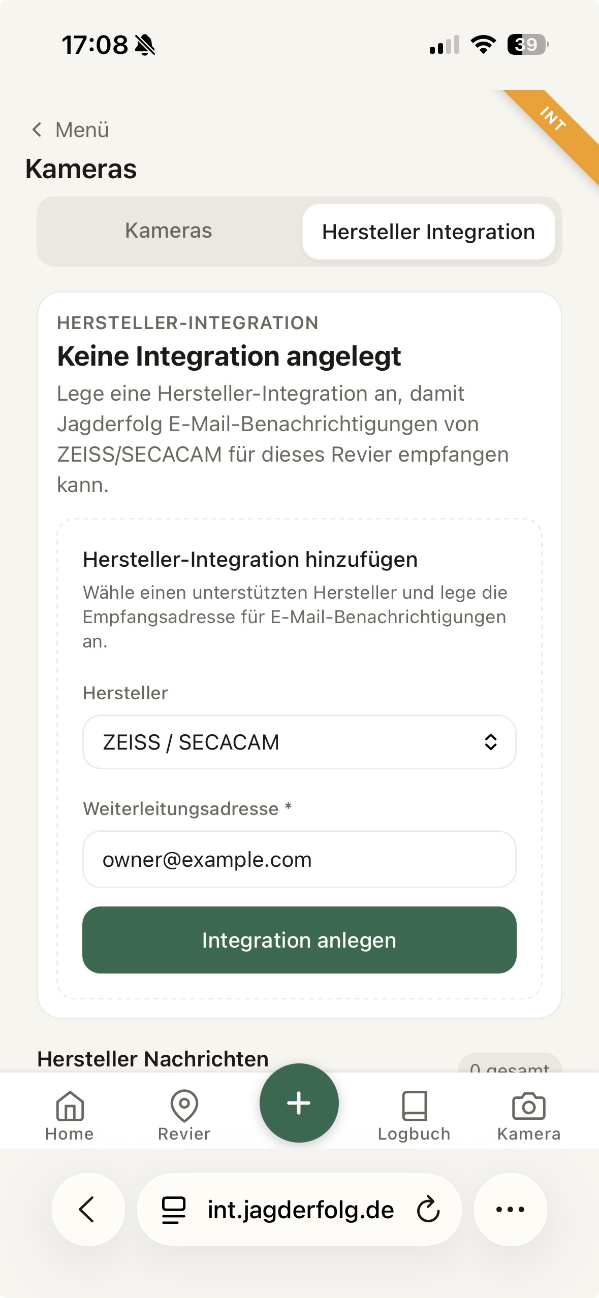 Formular zum Anlegen einer ZEISS Integration in Jagderfolg