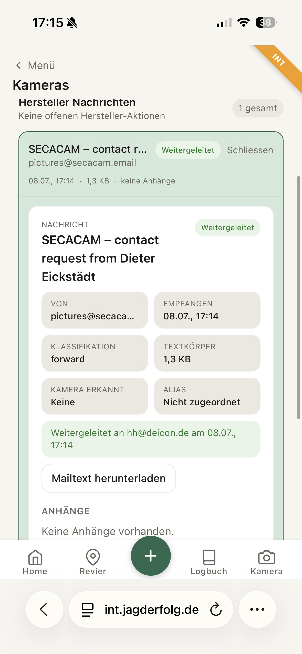 Weitergeleitete Hersteller Nachricht in Jagderfolg