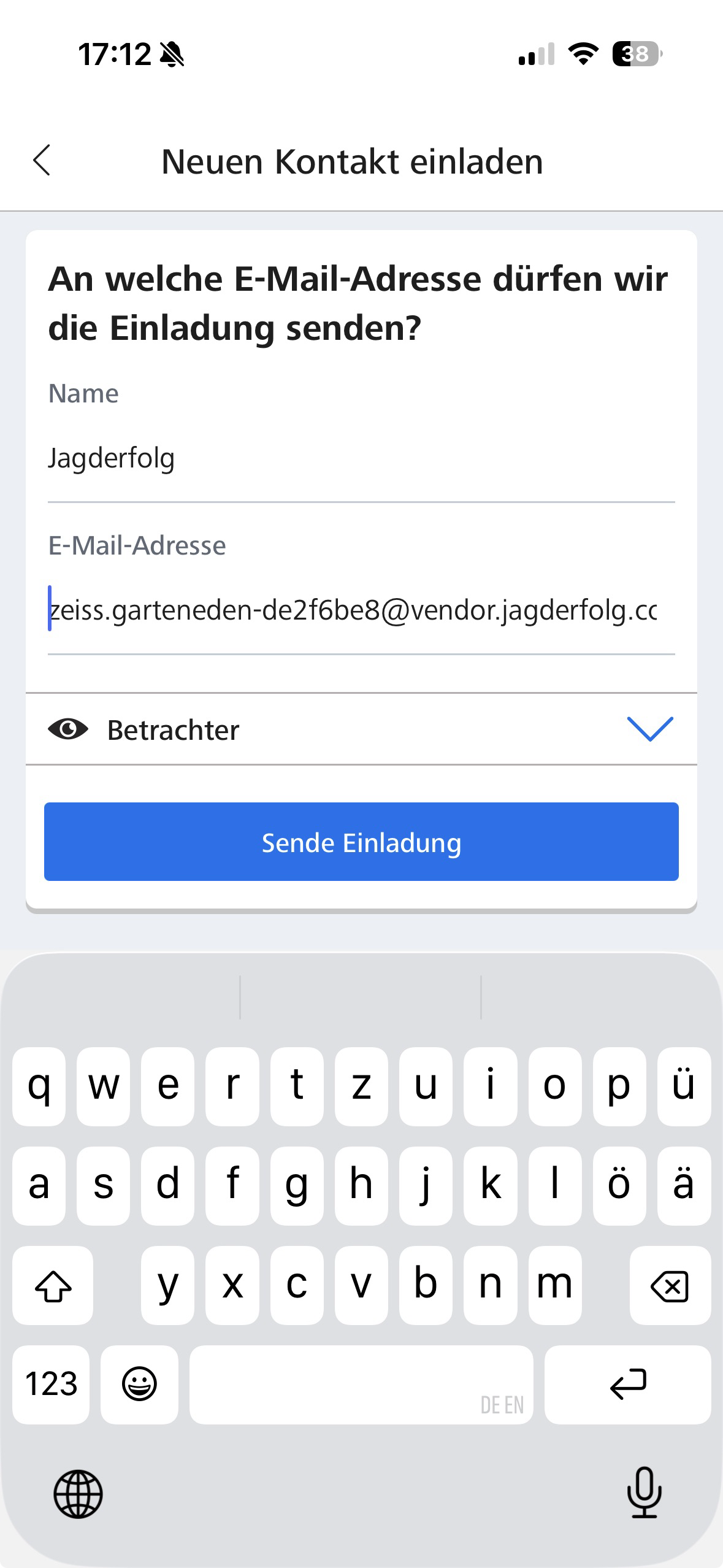 Einladung eines neuen Kontakts in der ZEISS App