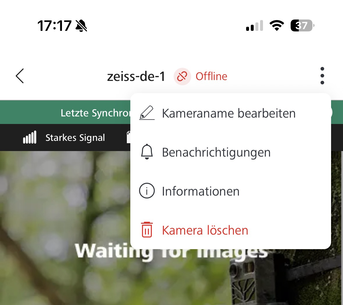 Kameramenü in der ZEISS App mit dem Punkt Benachrichtigungen