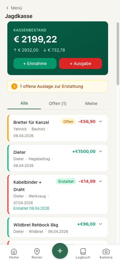 Jagdkasse mit Kassenbestand und Buchungen