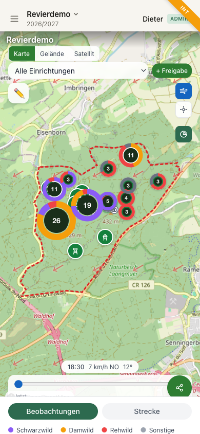 Interaktive Revierkarte mit Wind-Overlay und Sichtungs-Donuts